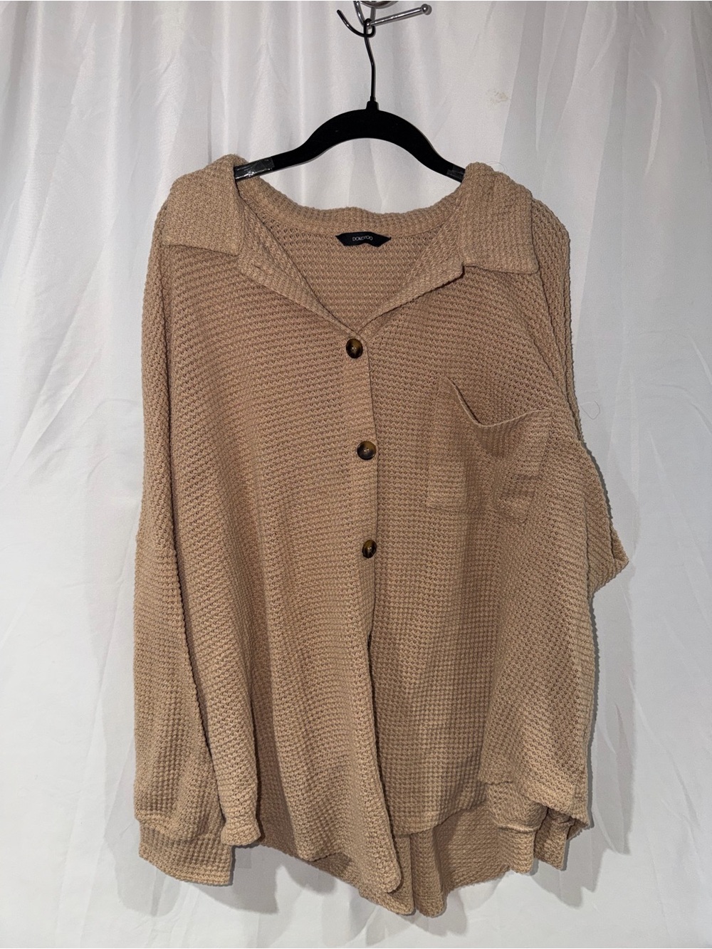 Dokotoo Shirt Cozy Beige Waffle Knit Button Up Long Sleeve Top V-Neck 2XL